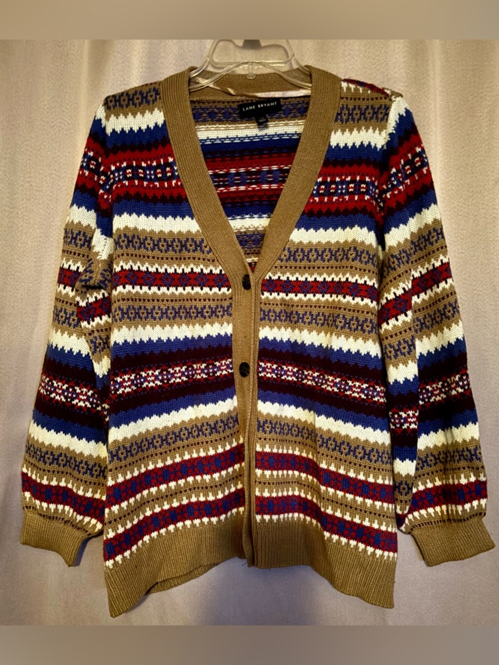 Lane Bryant Multicolor Striped V-Neck Cardigan - Tan, Red, Blue, Cream